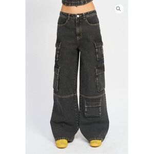 Emory Park Womens Black Wide Leg Cargo Jeans Distressed Denim Size S Waist 25-26